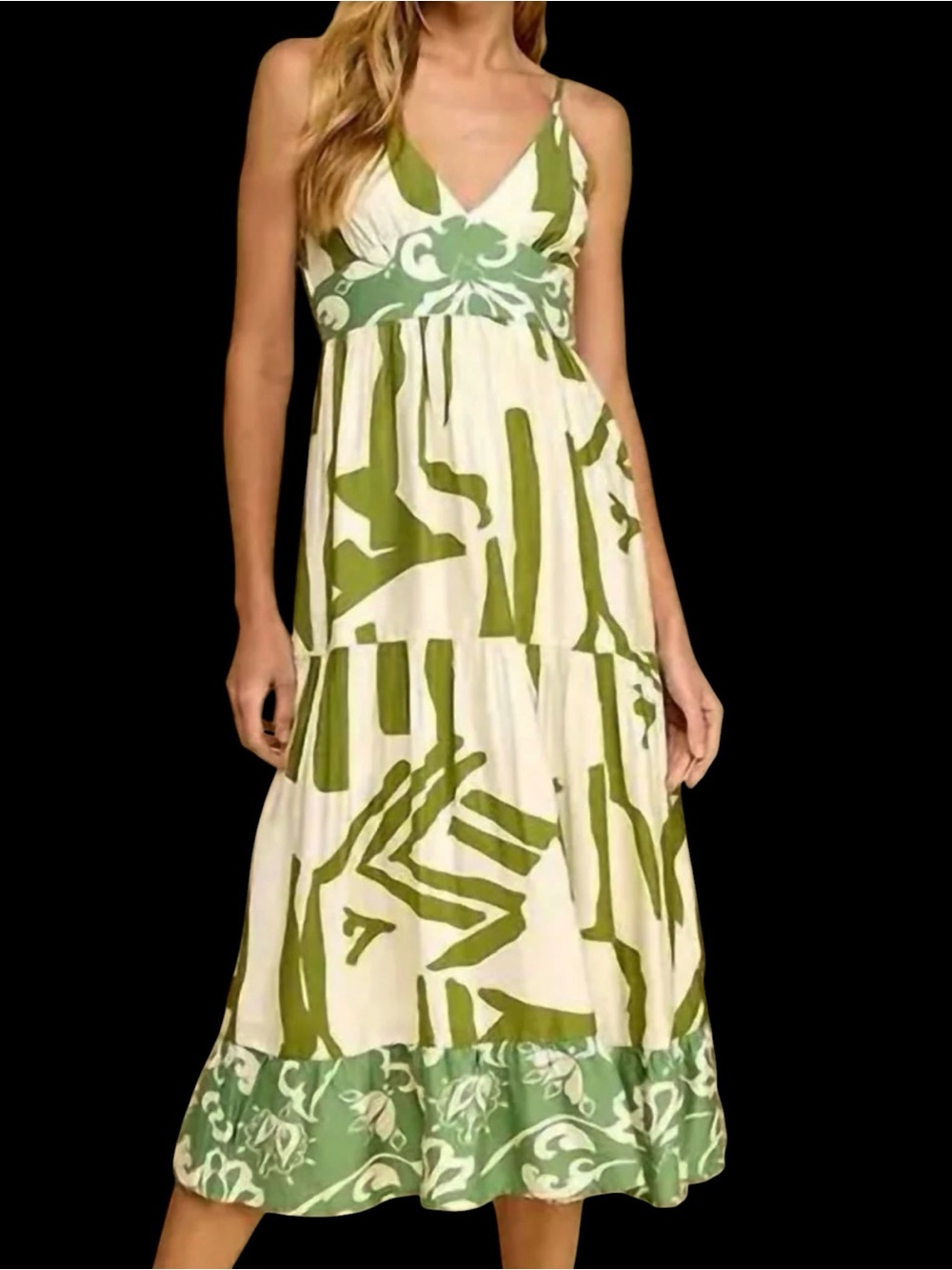 TCEC V-Neckline Abstract Print Boho Maxi Dress Tiered Ruffle NWT